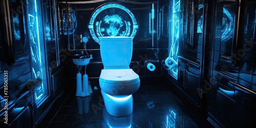 Modern toilet illuminated with vibrant neon lighting, adding a contemporary flair.