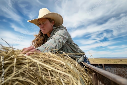 Focused cowgirl working hard at rural ranch under expansive blue sky