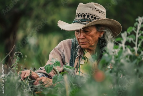 Elderly cowgirl tending to her garden in a rustic, rural setting