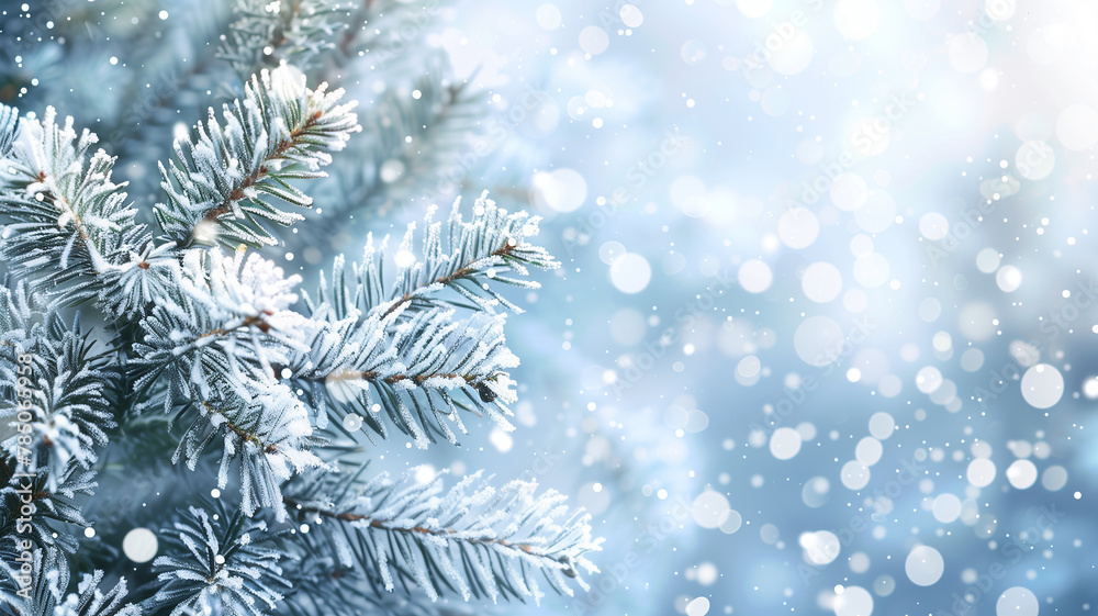 Celebrate the winter holidays with a background of pine branches and soft snowflakes, designed for seasonal greetings