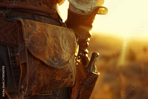 Western cowboy gear illuminated by sunset, traditional leather holster and belt close-up photo