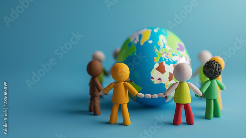 Celebratory 3D scene of cartoon figures from different cultures holding hands around a globe, representing International Friendship Day, with copyspace