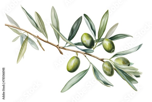 Olive branch with green olives. Hand drawn watercolor illustration photo