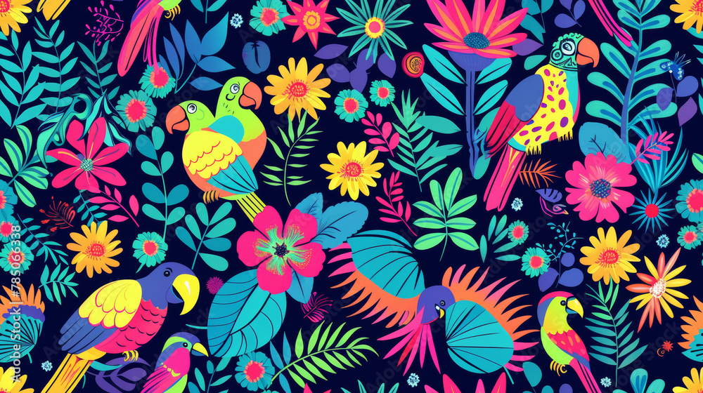 Fototapeta premium Seamless pattern background influenced by the organic forms and vibrant colors of tropical rainforests with colourful birds and flowers