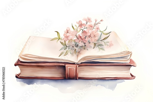 Watercolor illustration of an open book with spring flowers on a white background. © hungryai