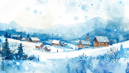 Delicate blue snowflakes in watercolor drifting over a silent snowy village, space for text © praewpailyn