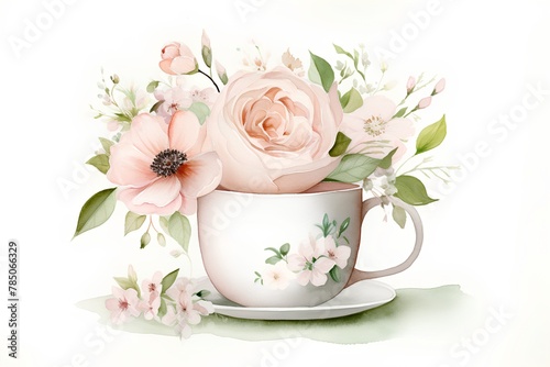 Watercolor illustration of a cup with anemones and roses.