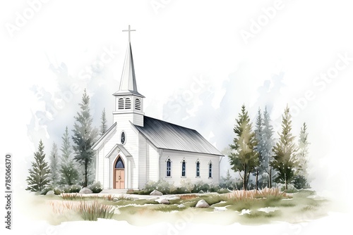 Watercolor illustration of a church in the forest. Hand-drawn illustration.