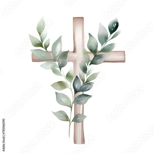 Watercolor Christian cross with green leaves. Hand drawn illustration isolated on white background. photo