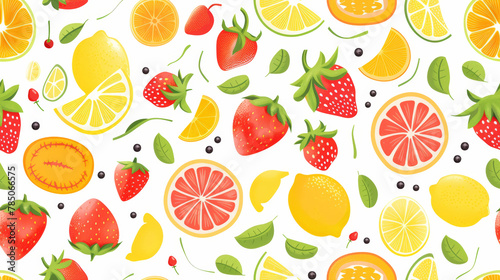 Seamless pattern background of Colorful Fresh Fruits bursting with colorful fresh fruits such oranges  lemons  strawberries  and watermelons  invoking the vibrant refreshing essence of summer fruit