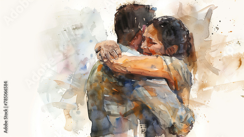 Expressive watercolor of a father's embrace, using cool and warm contrasts, emotive and tender