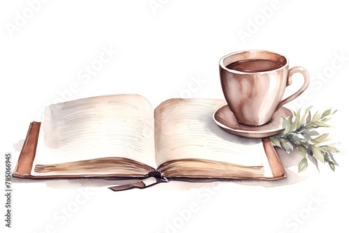 Watercolor illustration of an open book with a cup of coffee.
