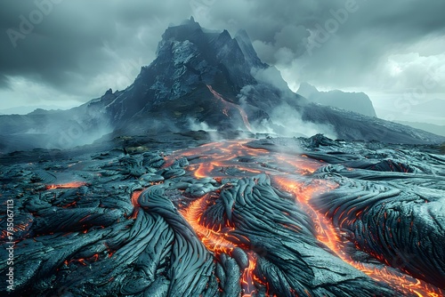 Fiery Veins of the Earth: Basaltic Lava Flow. Concept Volcanic Eruption, Magma Flow, Geological Formation, Lava Landscape photo