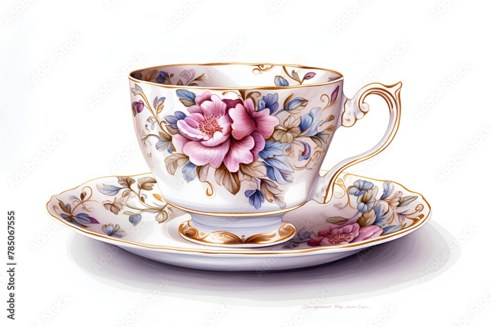 Fototapeta premium Cup and saucer with floral ornament. Watercolor illustration.