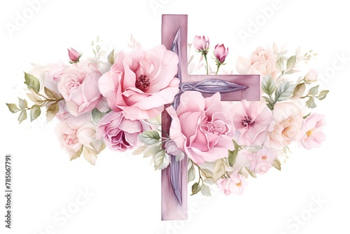 Watercolor Christian cross with flowers. Hand painted illustration isolated on white background