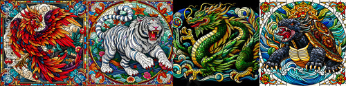 Sacred Symbols of Power and Protection: Stained Glass Representations of the Green Dragon, Vermilion Bird, White Tiger, and Black Tortoise.