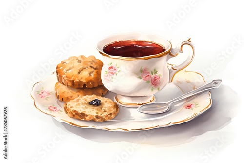 Cup of tea with cookies. Hand drawn watercolor illustration.