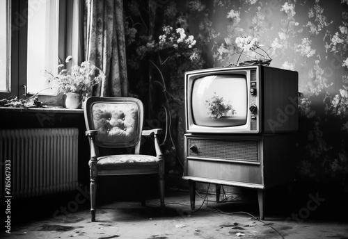 nostalgia retro analog television in living room, analogue photography retro vintage style
