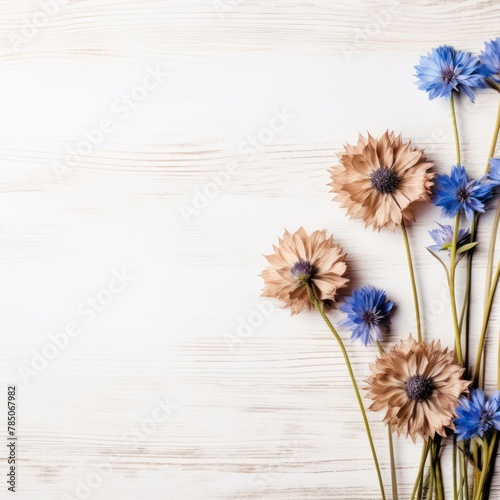 Beautiful brown cornflower flowers on a white wooden background  in a top view with copy space for text