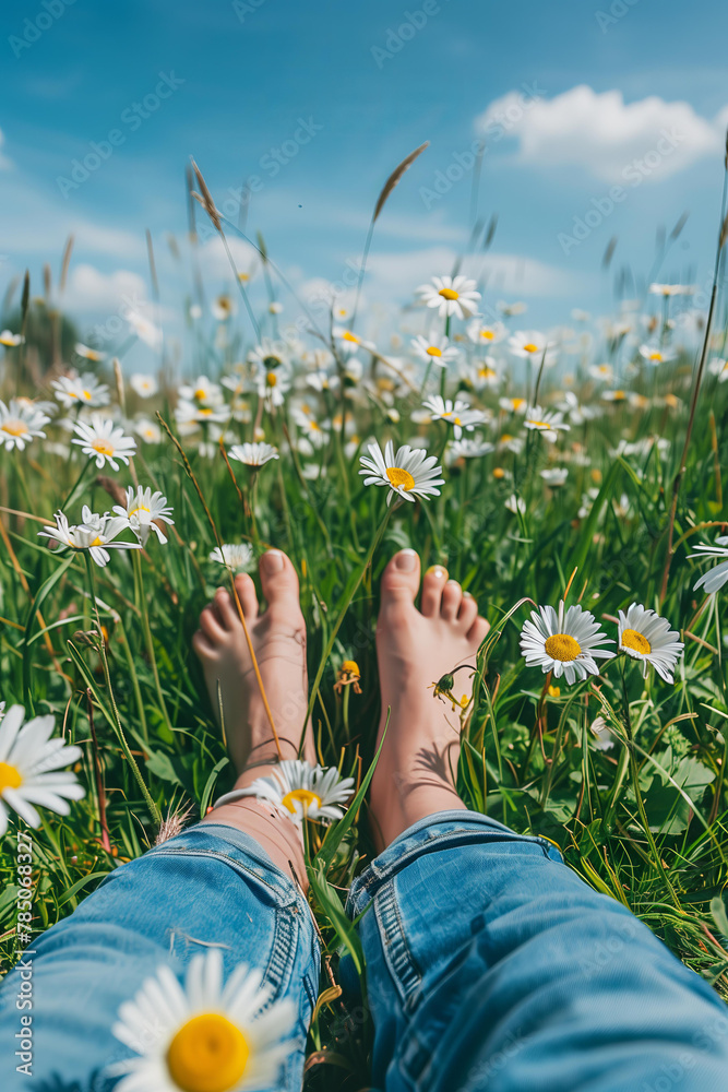 First person view of a woman's feet in jeans, barefoot lying on the ...