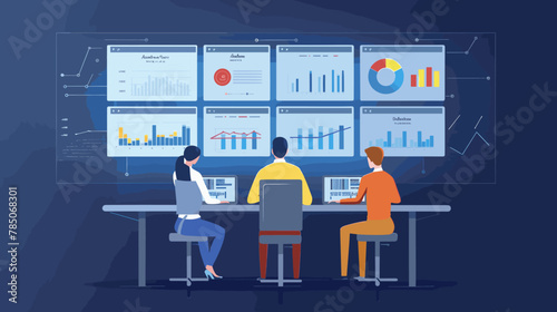 Business team analyzing financial data and monitoring key performance indicators on web dashboard, flat vector illustration concept for business analytics and investment