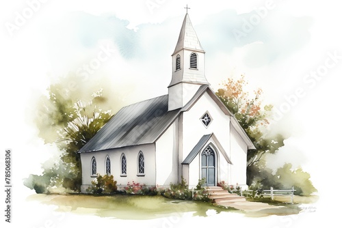 Watercolor illustration of a church in the village. Hand drawn watercolor illustration.