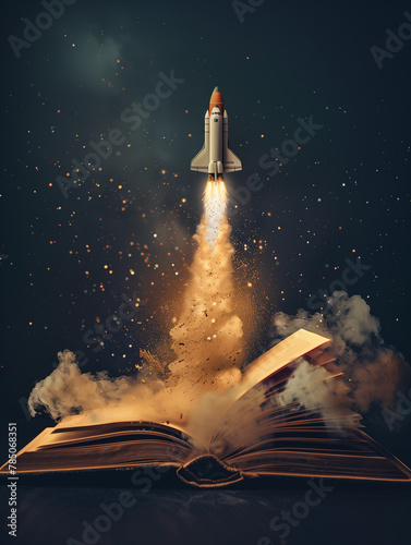 A rocket soaring from the pages of an open book against a starry sky, evoking the power of learning