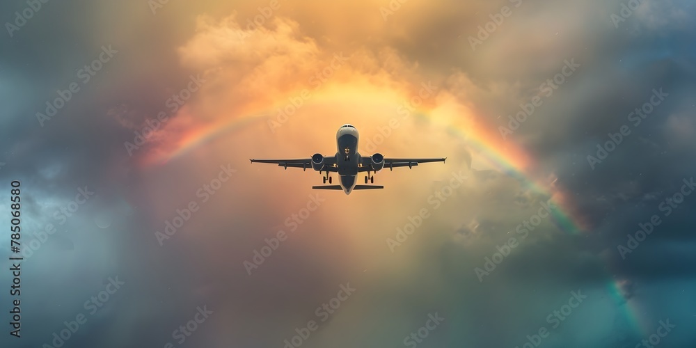 Lone Airplane Soaring Towards Radiant Rainbow in Enchanting Sky Landscape Lone Airplane Soaring Towards Radiant Rainbow in Enchanting Sky Landscape