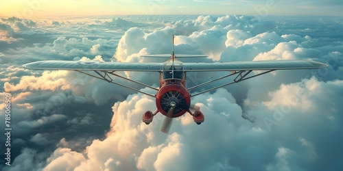 Vintage Propeller Plane Cruising Above Fluffy White Clouds Evoking the Romance and Nostalgia of Early Air Travel photo