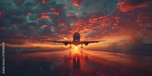 Mesmerizing Airplane Landing Against Awe Inspiring Sunset Skyscape at Dusk Signifying the End of a Journey and the Promise of New Beginnings © Thares2020