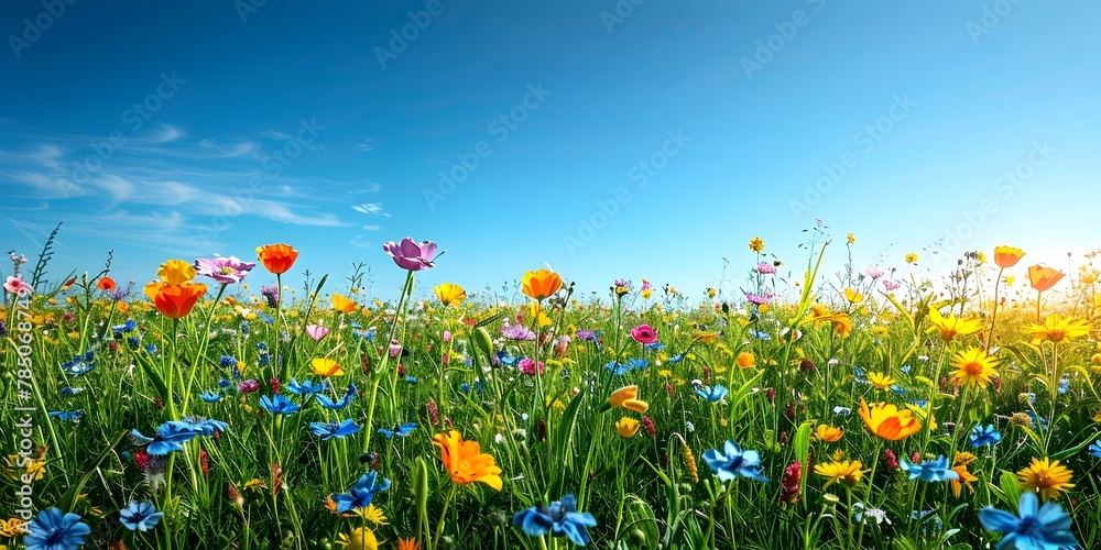Lush Wildflower Meadow in Full Bloom Under Vibrant Blue Spring Sky with Wispy Clouds