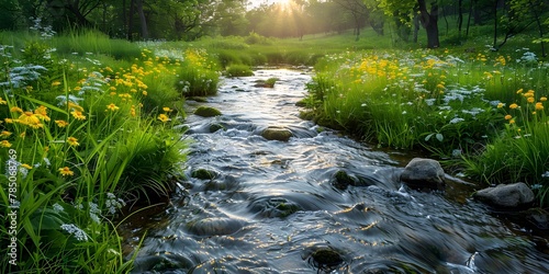 Picturesque Meandering Stream Flowing Through Verdant Spring Meadow Adorned with Vibrant Wildflowers Under Warm Sunlight