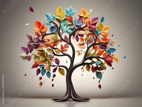 3d Illustration art Colorful tree with leaves on hanging branches illustration background. 3d abstraction wallpaper . Floral tree with multicolor leaves

