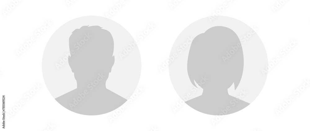 Vector flat illustration in grayscale. Round icons of man and woman. Avatar, user profile, person icon, profile picture. Suitable for social media profiles, icons, screensavers and as a template. Vector flat illustration in grayscale. Round icons of man and woman. Avatar, user profile, person icon, profile picture. Suitable for social media profiles, icons, screensavers and as a template.