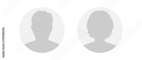 Vector flat illustration in grayscale. Round icons of man and woman. Avatar, user profile, person icon, profile picture. Suitable for social media profiles, icons, screensavers and as a template.