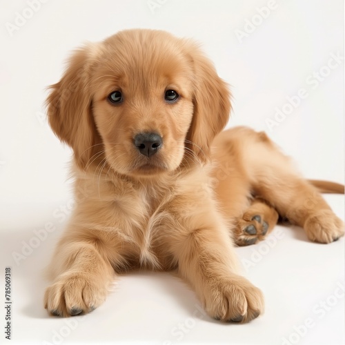 A cute golden retriever puppy lies comfortably against a white background, looking at the camera with a warm, relaxed expression.