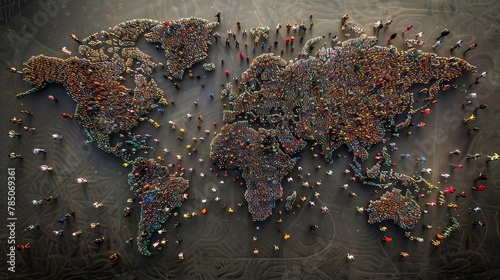 Illustration of a world map drawn out with realistic people seen from above on bluish background