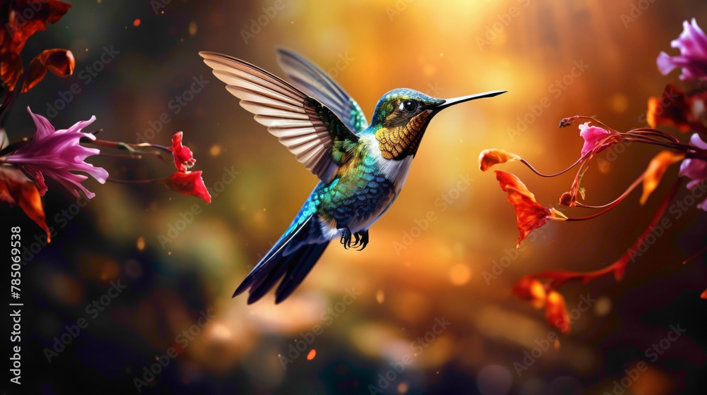 Spectacular hummingbird suspended in mid-air, its iridescent plumage catching the sunlight as it hovers near a cluster of exotic flowers. - obrazy, fototapety, plakaty 