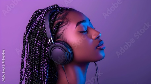 Young woman with trendy braids and purple background, listening to music with headphones