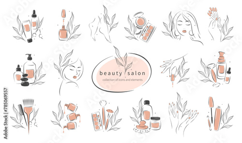 Big set of elements and icons for beauty salon. Nail polish,  manicured female hands, beautiful woman face, lipstick, eyelash extension, makeup, hairdressing. Vector illustrations photo