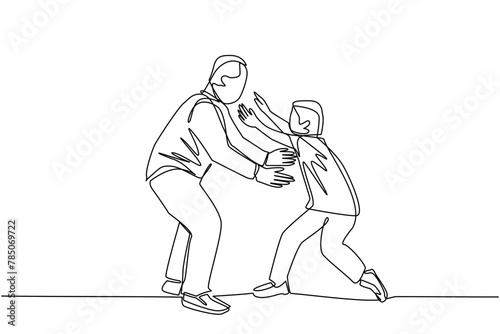 one line drawing, A young man and a boy run face to face while preparing to hug