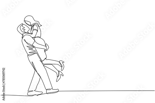 one line drawing, A young woman jumps and hugs a young man