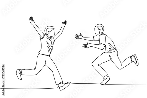 one line drawing, Two young men running face to face while preparing to hug