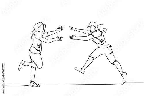 one line drawing, Two young women running face to face while preparing to hug