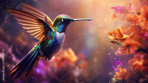 Spectacular hummingbird suspended in mid-air, its iridescent plumage catching the sunlight as it hovers near a cluster of exotic flowers. © Shani