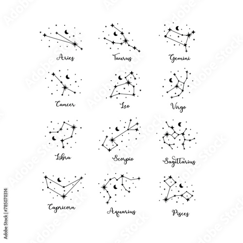 12 zodiac constellations set with moon and stars on white background