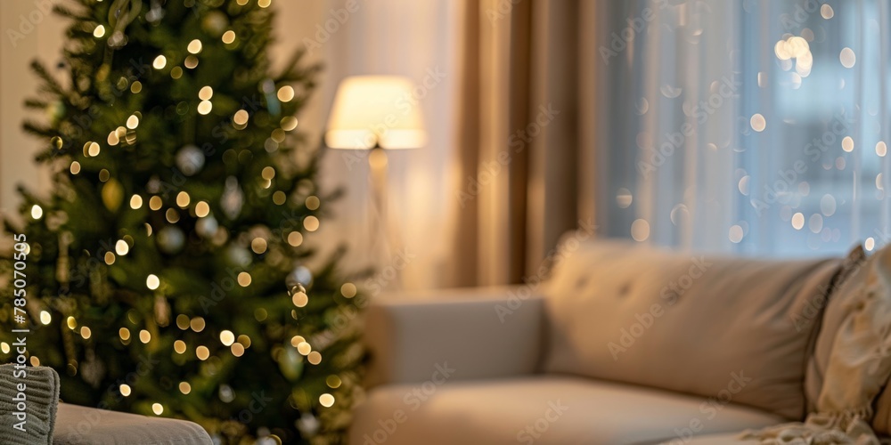 A warm, cozy living room beautifully decorated with a sparkling Christmas tree and soft lighting.