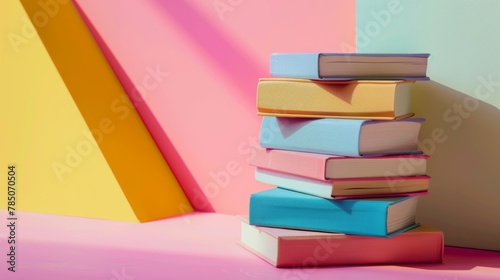 A neatly stacked pile of books in pastel colors against a geometric multicolored backdrop.