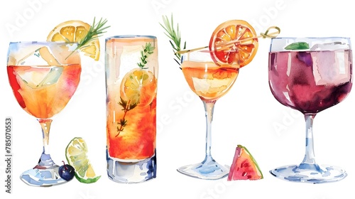 Watercolor illustration of drinks and cocktails collection on white background 