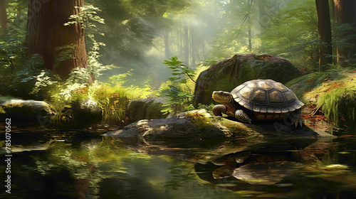 Serene forest pond reflecting the image of a wise old turtle basking on a sunlit rock, surrounded by the lush greenery of its woodland home.